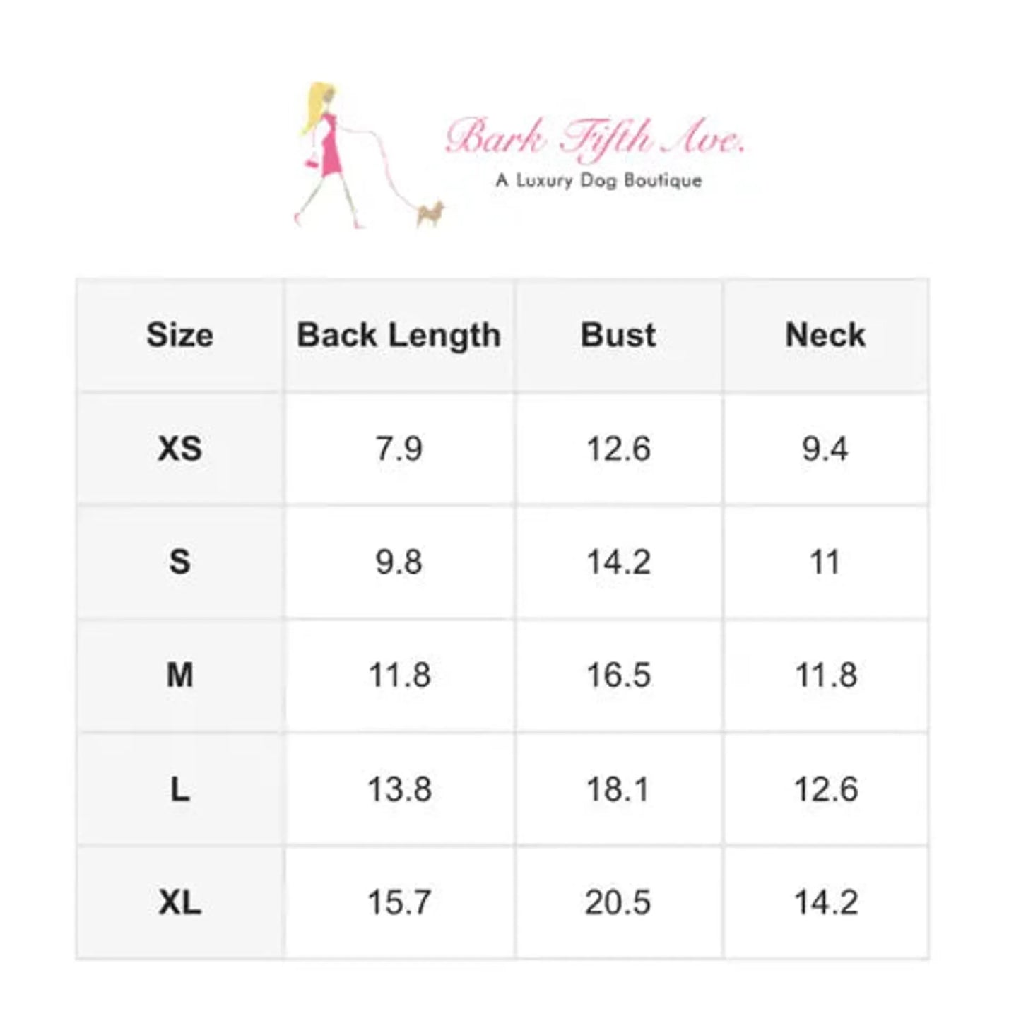 Size chart for a product by Bark Fifth Ave with measurements in centimeters.