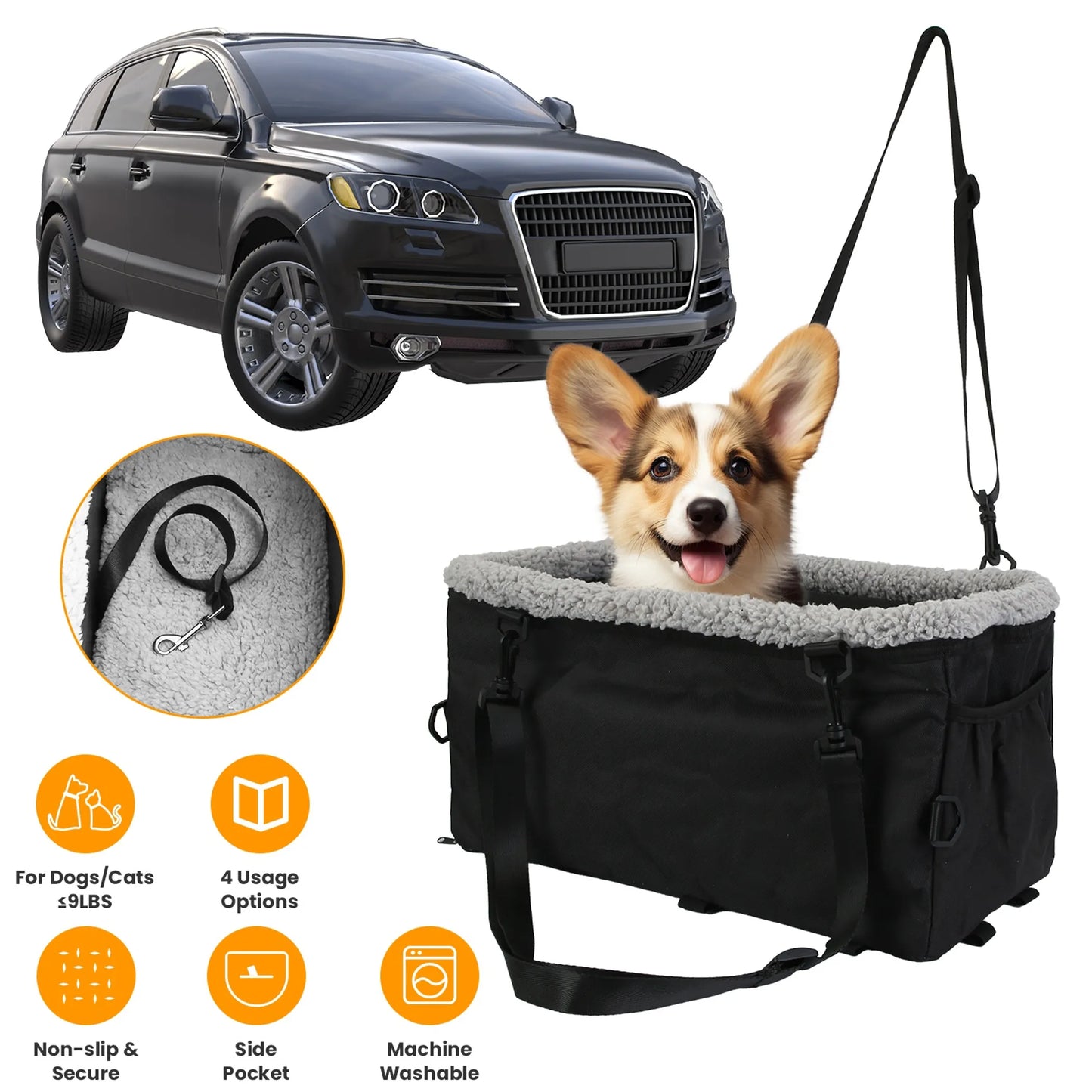 Dog car seat with a leash, SUV in the background, and product features highlighted.
