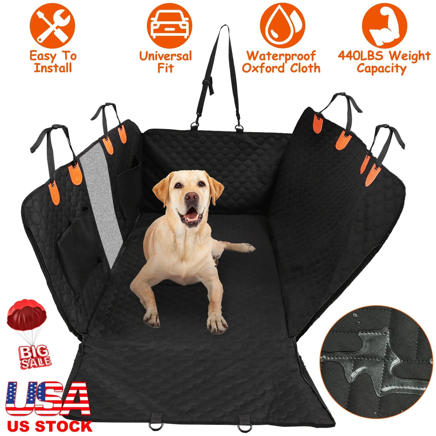 Dog car seat cover with features listed and a dog sitting on it.