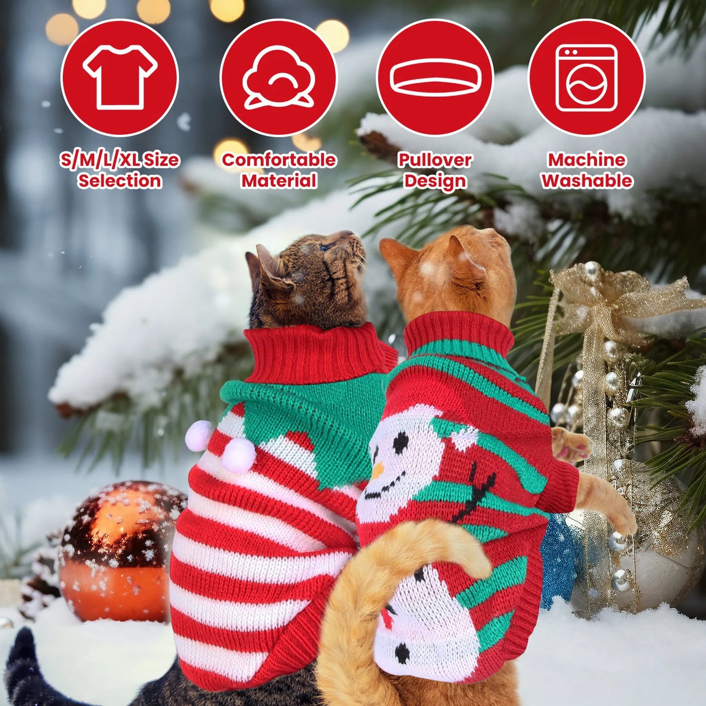 Two cats wearing festive sweaters with snowman designs in a snowy outdoor setting.