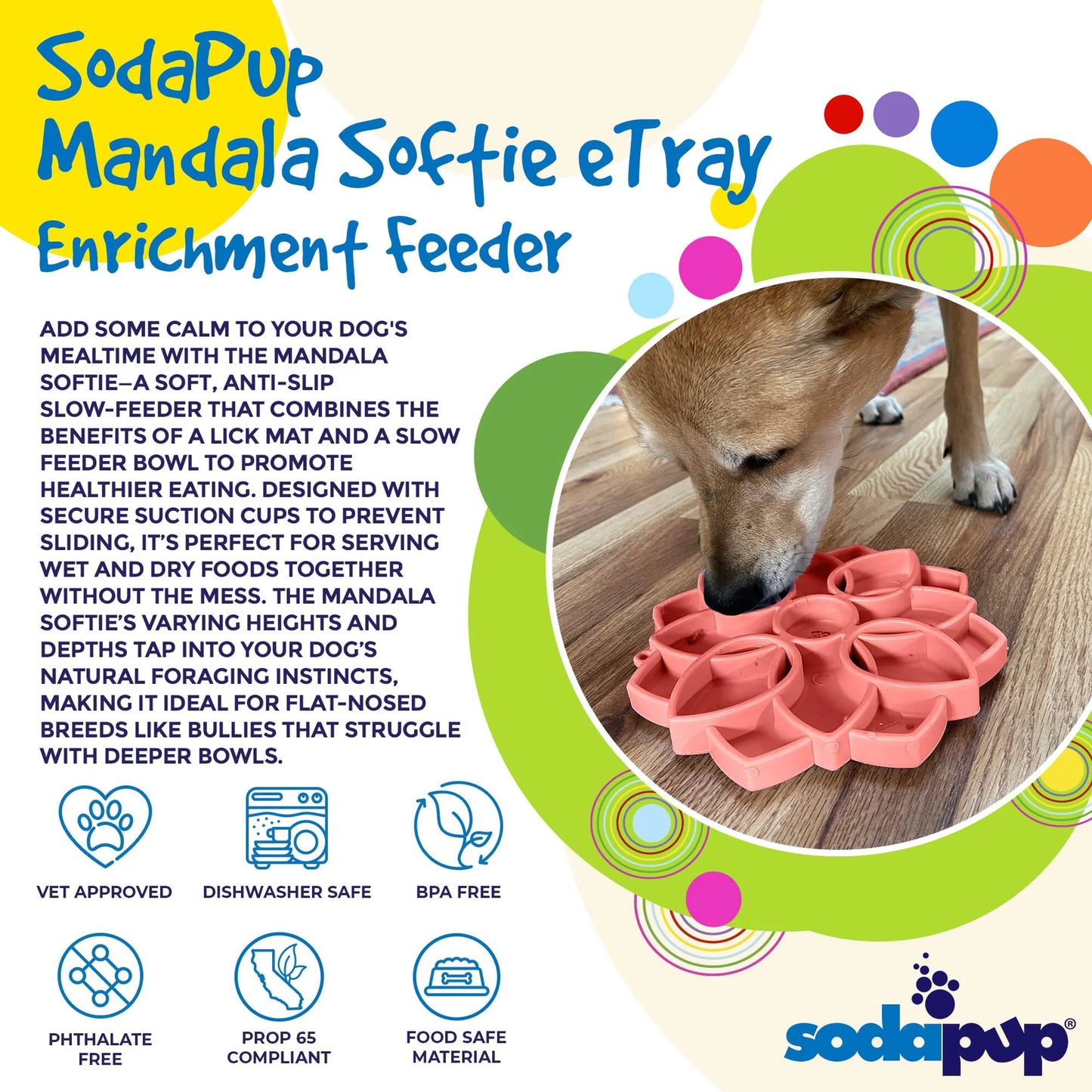 Mandala Softie eTray Shallow Slow Feeder Dog Bowl with Suction Cups
