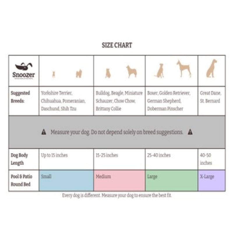 Snoozer Pet Products Size Chart