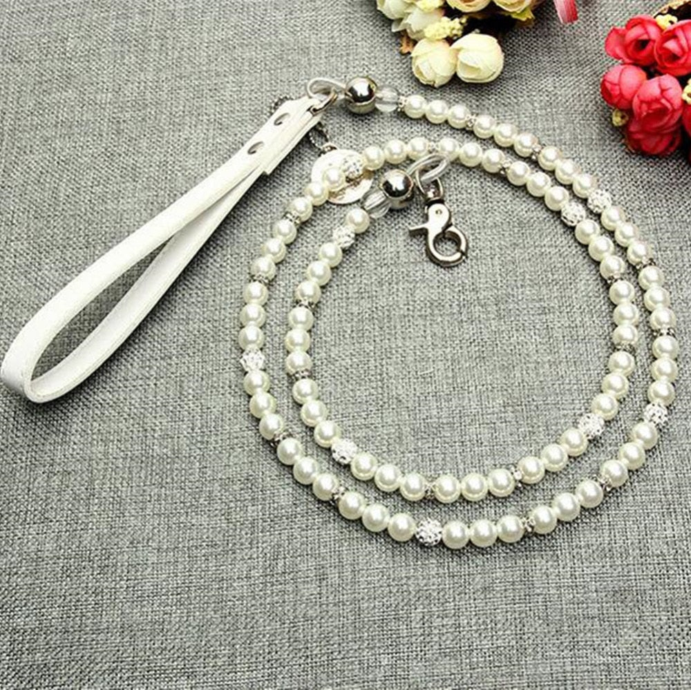 ETHIN White Imitation Pearls diamond Pet Dog Chain Leash Walking Jogging Leads Leashes for Small Medium Size Dog Cat lead