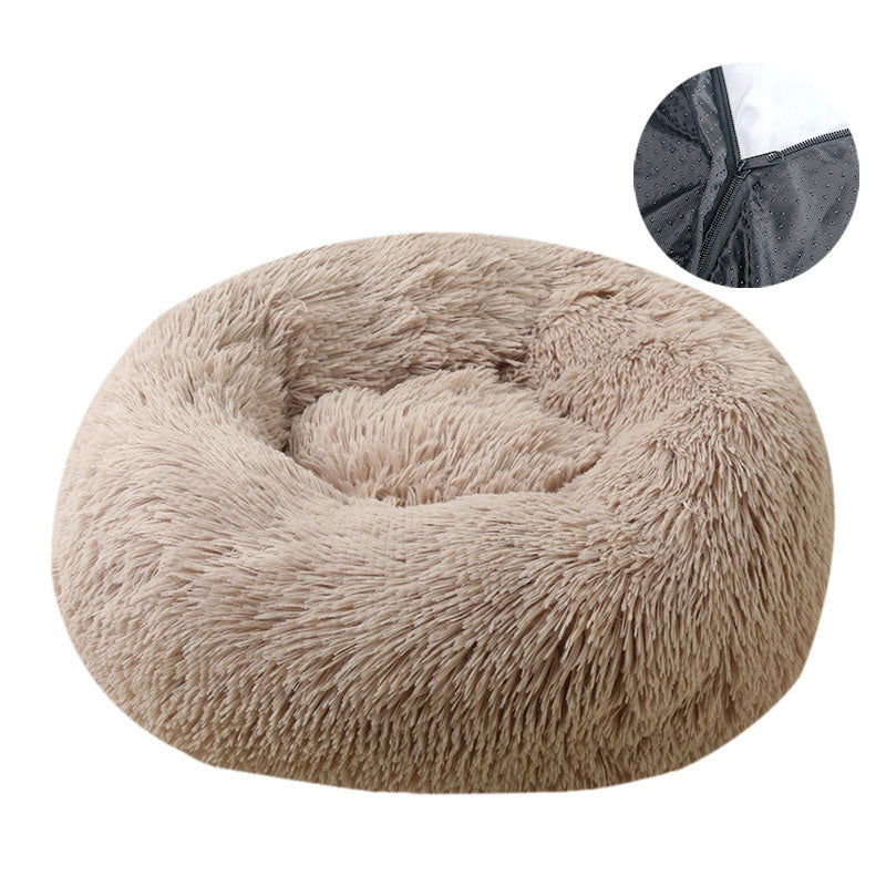 Washable Round Plush Dog Bed and Cat Bed with Removable Cover – Soft Warm Pet Bed Cushion for Small and Medium Pets Tan