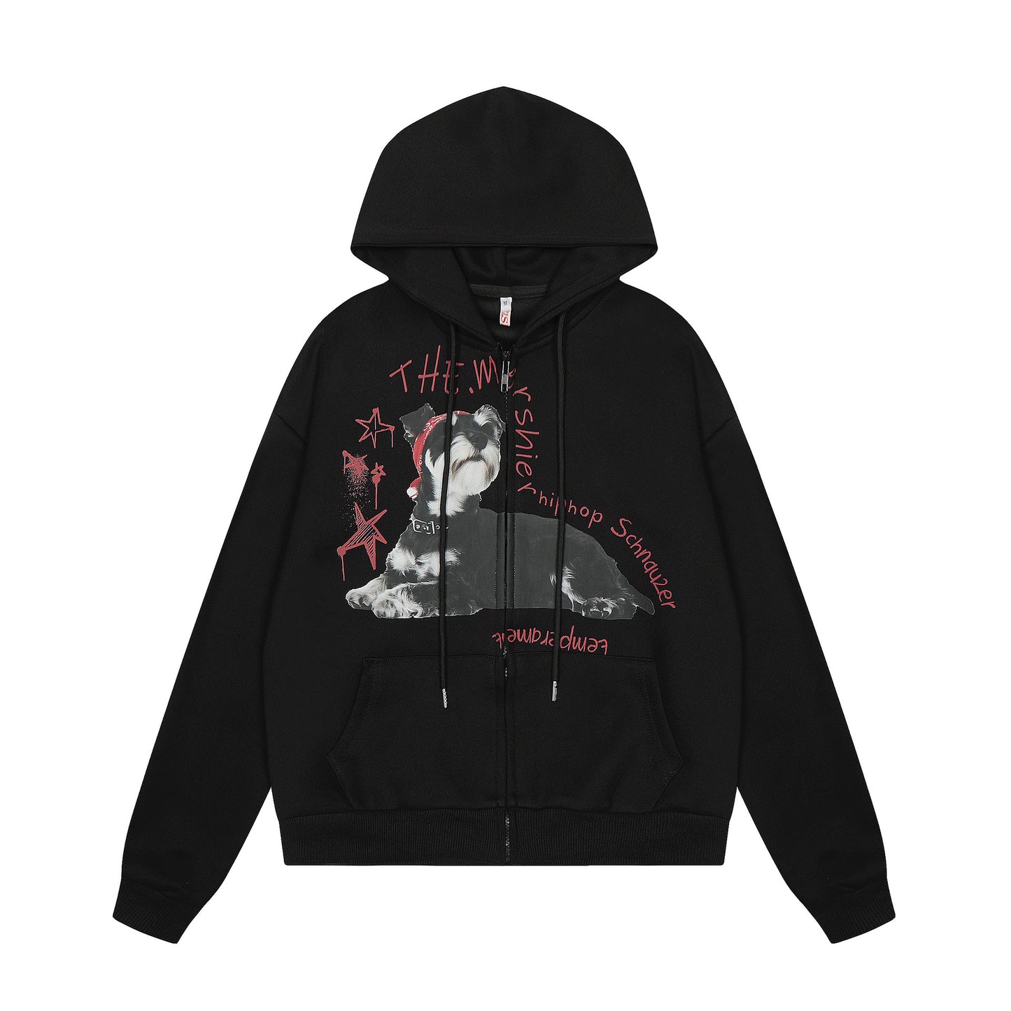 Dog Print Zipper Hoodie Black ties at Chin