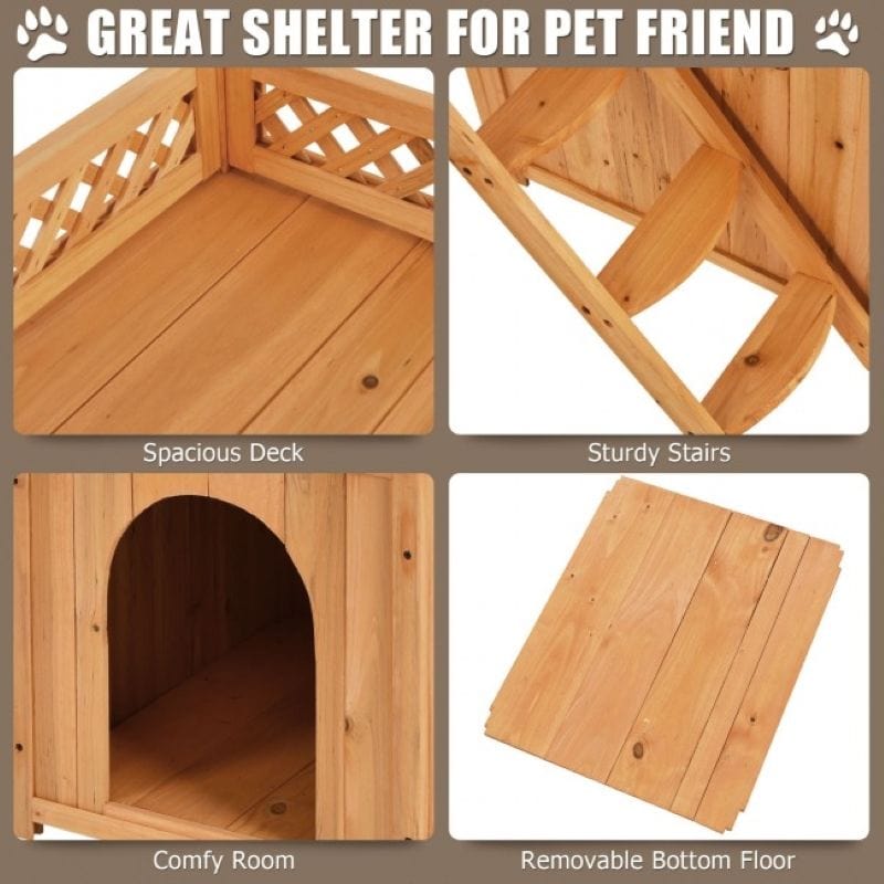 New Style Wood Pet House With Roof Balcony and Bed Shelter Removable Floor