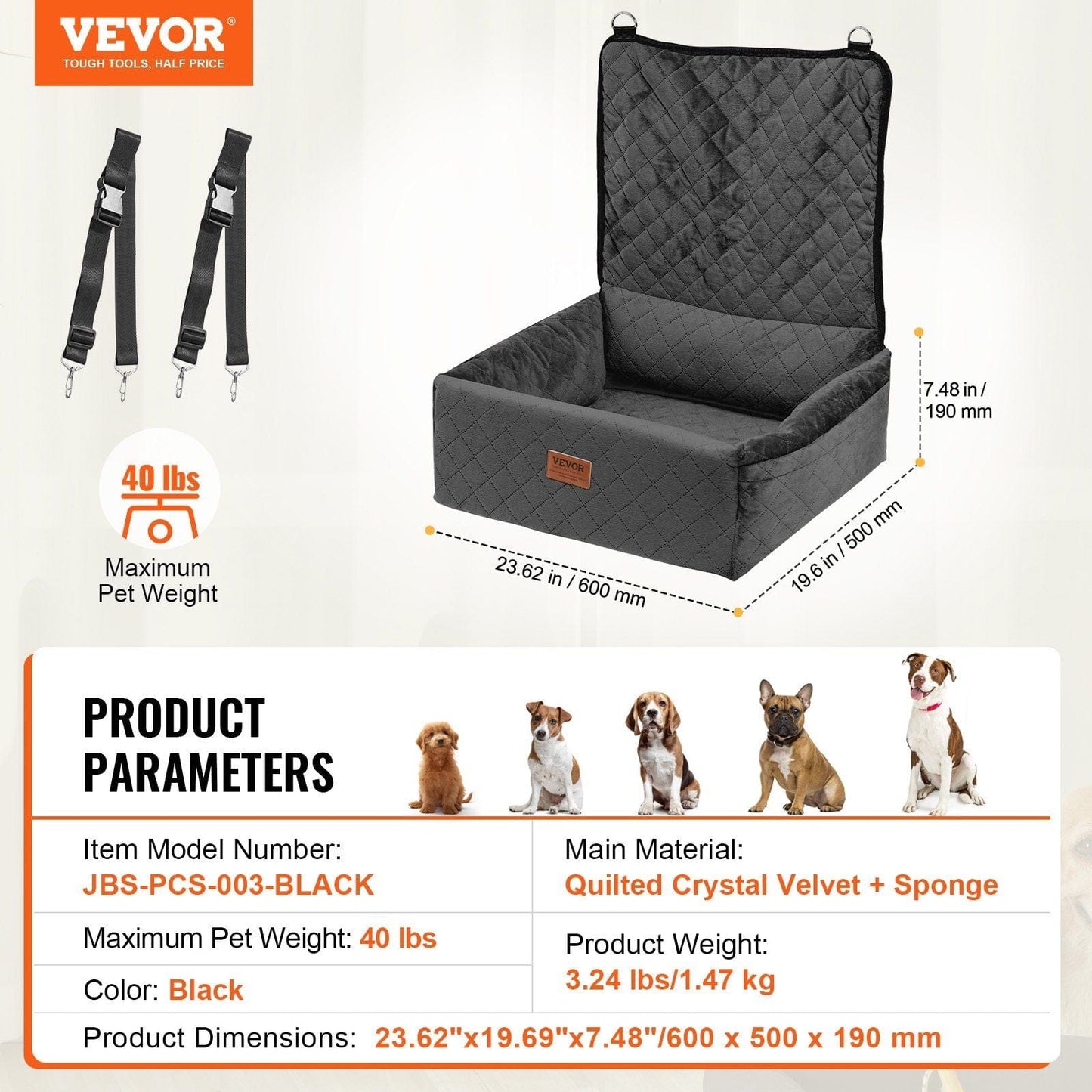 VEVOR Dog Booster Car Seat Pet Car Seat for Small Medium Dog up to 40 lbs Black  #7