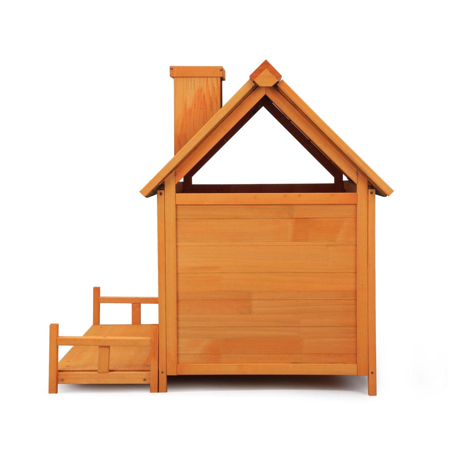 Wooden Dog House, Indoor Outdoor Pet Shelter with Platform, PVC Curtain, Door, Asphalt Roof, Pet House for Small to Medium Sized Dogs, Orange Full Back View