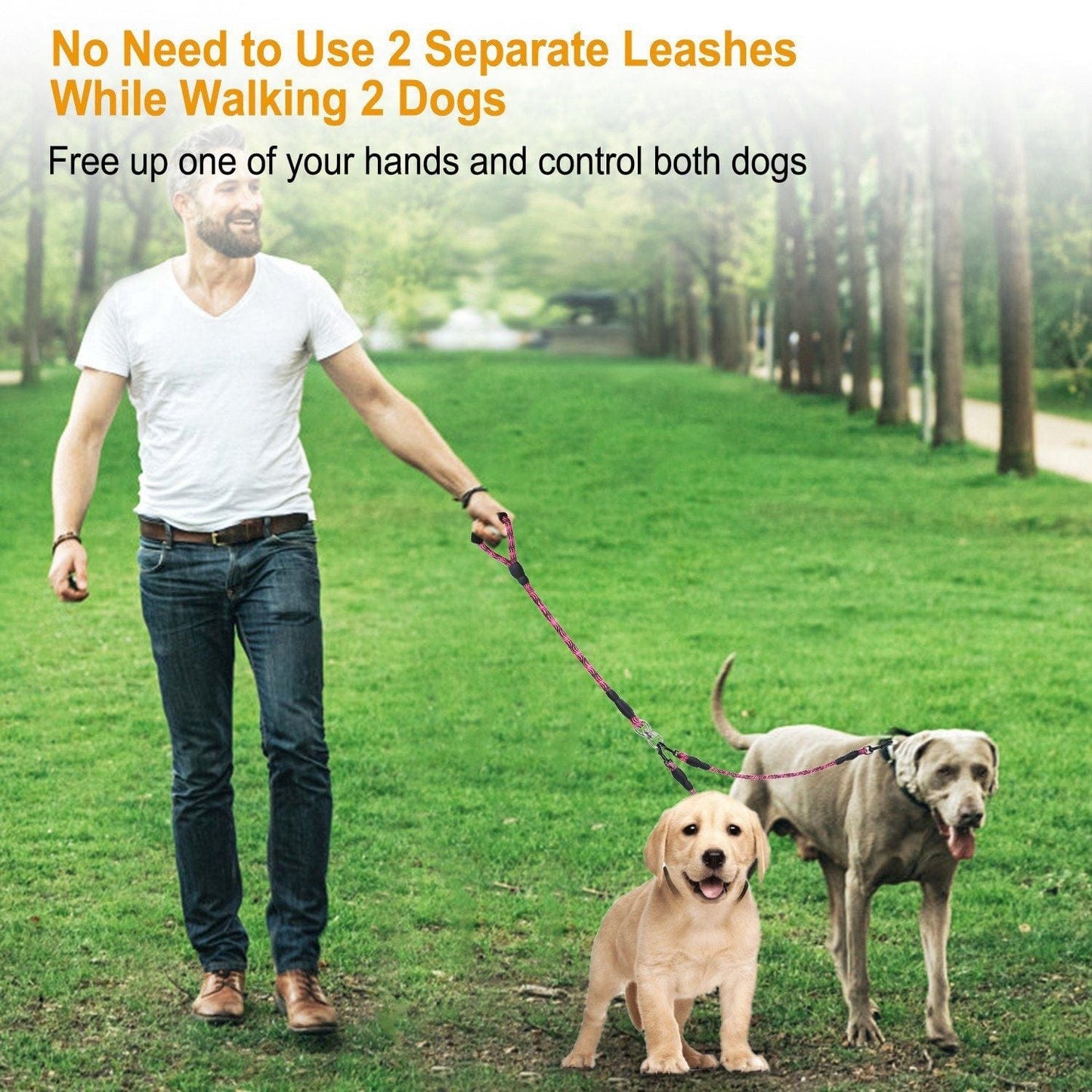 Double Dogs Leash No-Tangle Dogs Lead for easy walking with Reflective Dogs Walking Leash w/ Swivel Coupler Padded Handle
