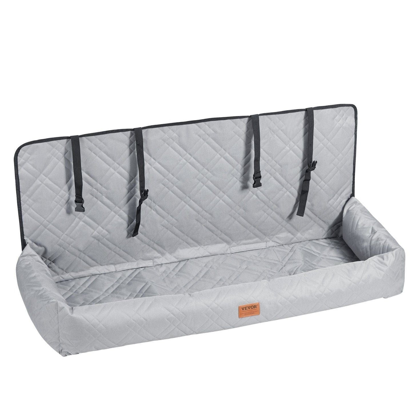 Gray dog booster car seat designed for medium to large dogs up to 100 lbs, offering comfort, safety, and support during car rides.