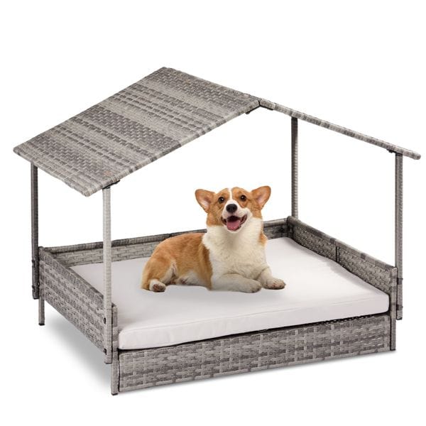Wicker Dog House, Elevated Rattan Dog Bed with Canopy and Washable Cushion Cover, Indoor Outdoor Raised Pet House for Small Medium Dogs Cats, Gray Main View