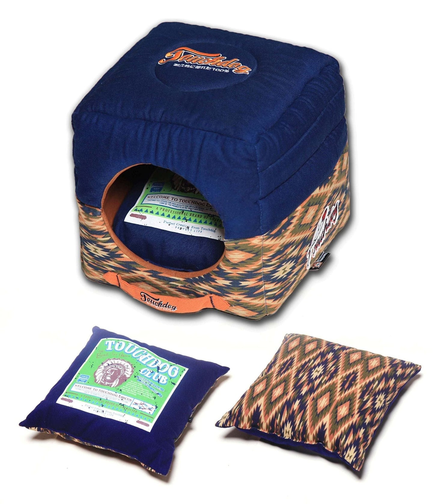 Touchdog 70's Vintage-Tribal Throwback Convertible and Reversible Squared 2-in-1 Collapsible Dog House Bed House and Pillows