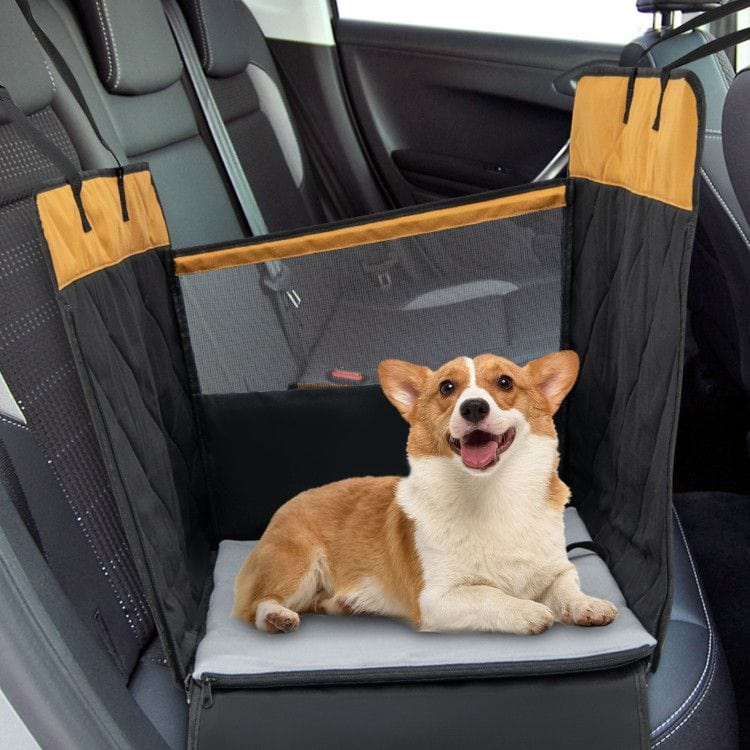 Dog Car Seat Cover for Small and Medium Dogs with Mesh Window Shown with a Dog
