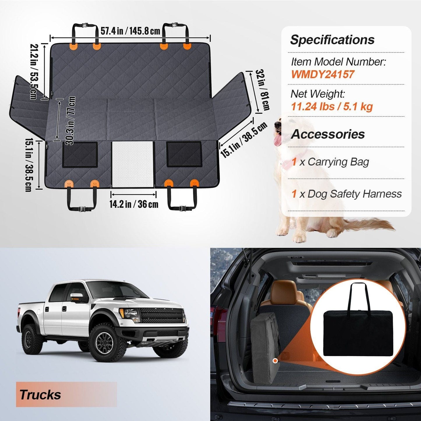 VEVOR 57.4 x 30.3 in Dog Car Seat Cover for Back Seat Waterproof 600D for Truck #7