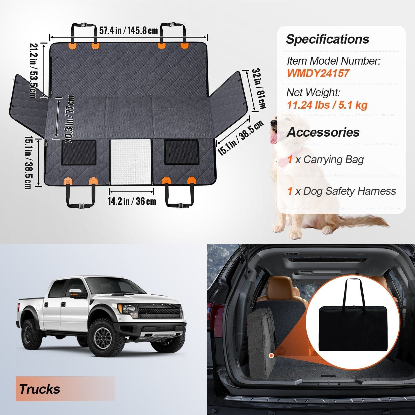 VEVOR 57.4 x 30.3 in Dog Car Seat Cover for Back Seat Waterproof 600D for Truck #7