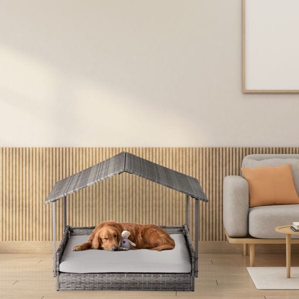 Wicker Dog House, Elevated Rattan Dog Bed with Canopy and Washable Cushion Cover, Indoor Outdoor Raised Pet House for Small Medium Dogs Cats, Gray Indoor view in use