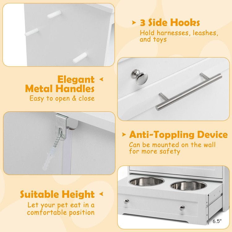 Pet Feeder Station with Stainless Steel Bowl Handles and Hooks View