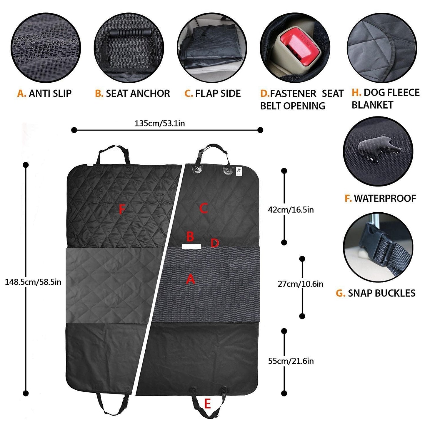 Waterproof Dog Car Seat Cover Scratchproof Pet Hammock Protector Rear Seat Mat Seatbelt Full View of Components