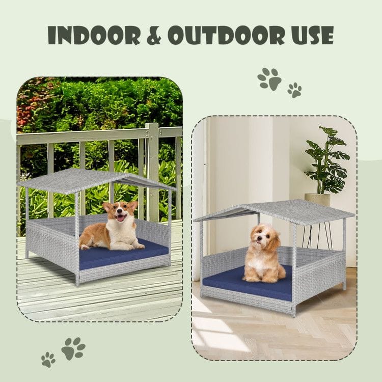 Wicker Dog House with Waterproof Roof and Washable Cushion Cover Indoor or Outdoor use