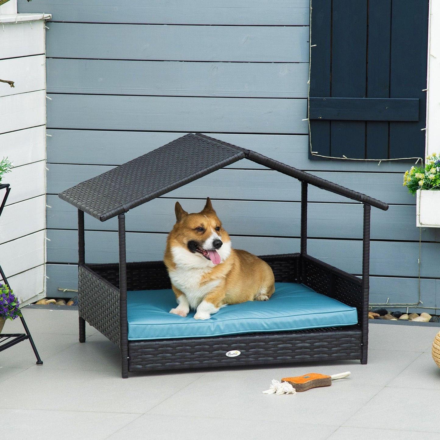 Wicker Dog House Elevated Raised Rattan Bed for Indoor/Outdoor with Removable Cushion Lounge, Blue Outside View