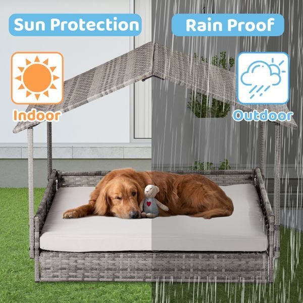 Wicker Dog House, Elevated Rattan Dog Bed with Canopy and Washable Cushion Cover, Indoor Outdoor Raised Pet House for Small Medium Dogs Cats, Gray Rain Proof