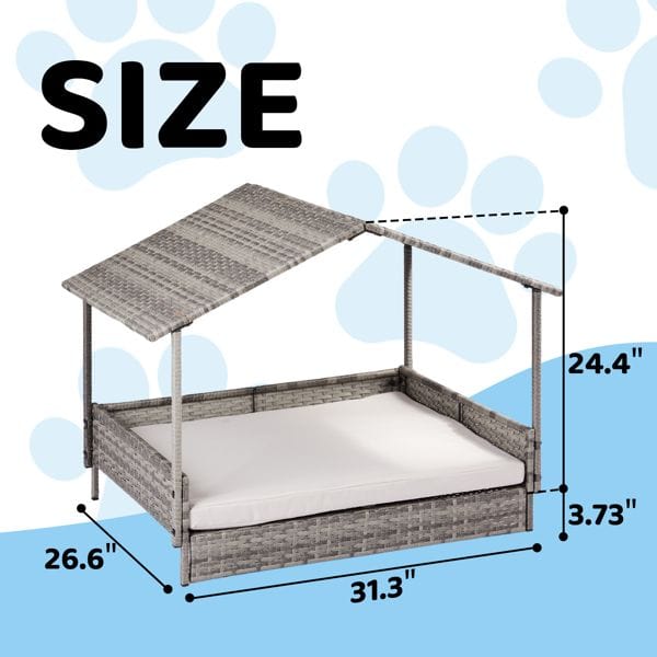 Wicker Dog House, Elevated Rattan Dog Bed with Canopy and Washable Cushion Cover, Indoor Outdoor Raised Pet House for Small Medium Dogs Cats, Gray Dimensions
