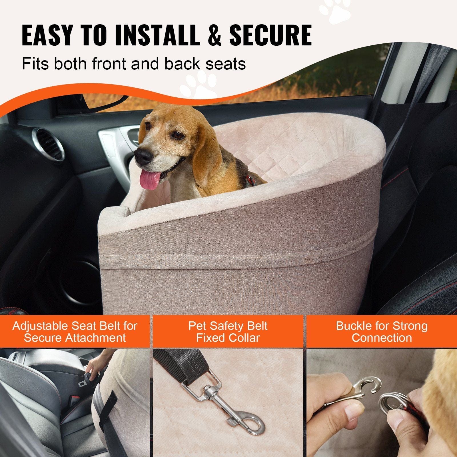"Cozy and secure dog car seat with quilted fabric, adjustable seat belts, and a removable soft pad for comfort and safety during travel.