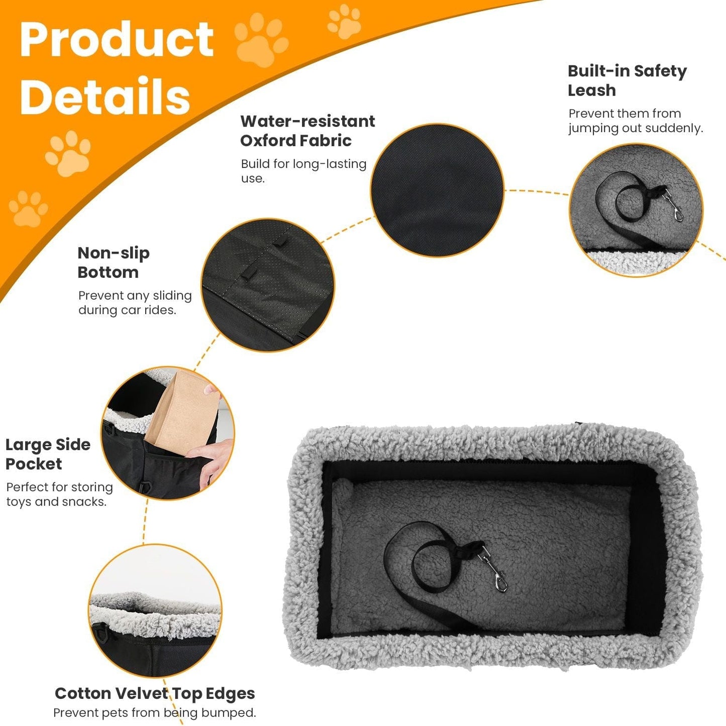 Small Dog Car Seat with Harness Center Console Pet Booster Seat Travel Car Seat with Side Pocket Cotton Velvet Cushion for Dogs Cats Up to 9LBS Product Details