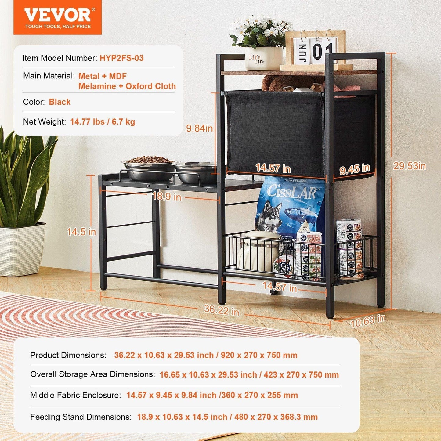 VEVOR Pet Feeding Station with Storage Dog Food & Toy Organizer Raised Dog Bowls All Dimensions