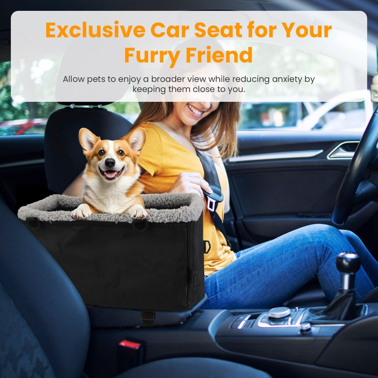 Small Dog Car Seat with Harness Center Console Pet Booster Seat Travel Car Seat with Side Pocket Cotton Velvet Cushion for Dogs Cats Up to 9LBS In car