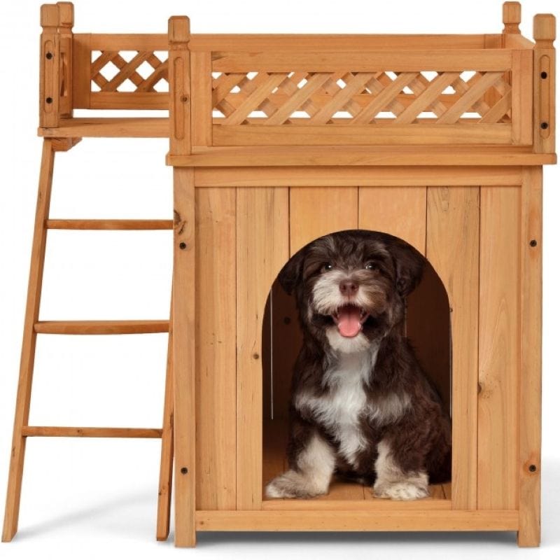 New Style Wood Pet House With Roof Balcony and Bed Shelter Front View