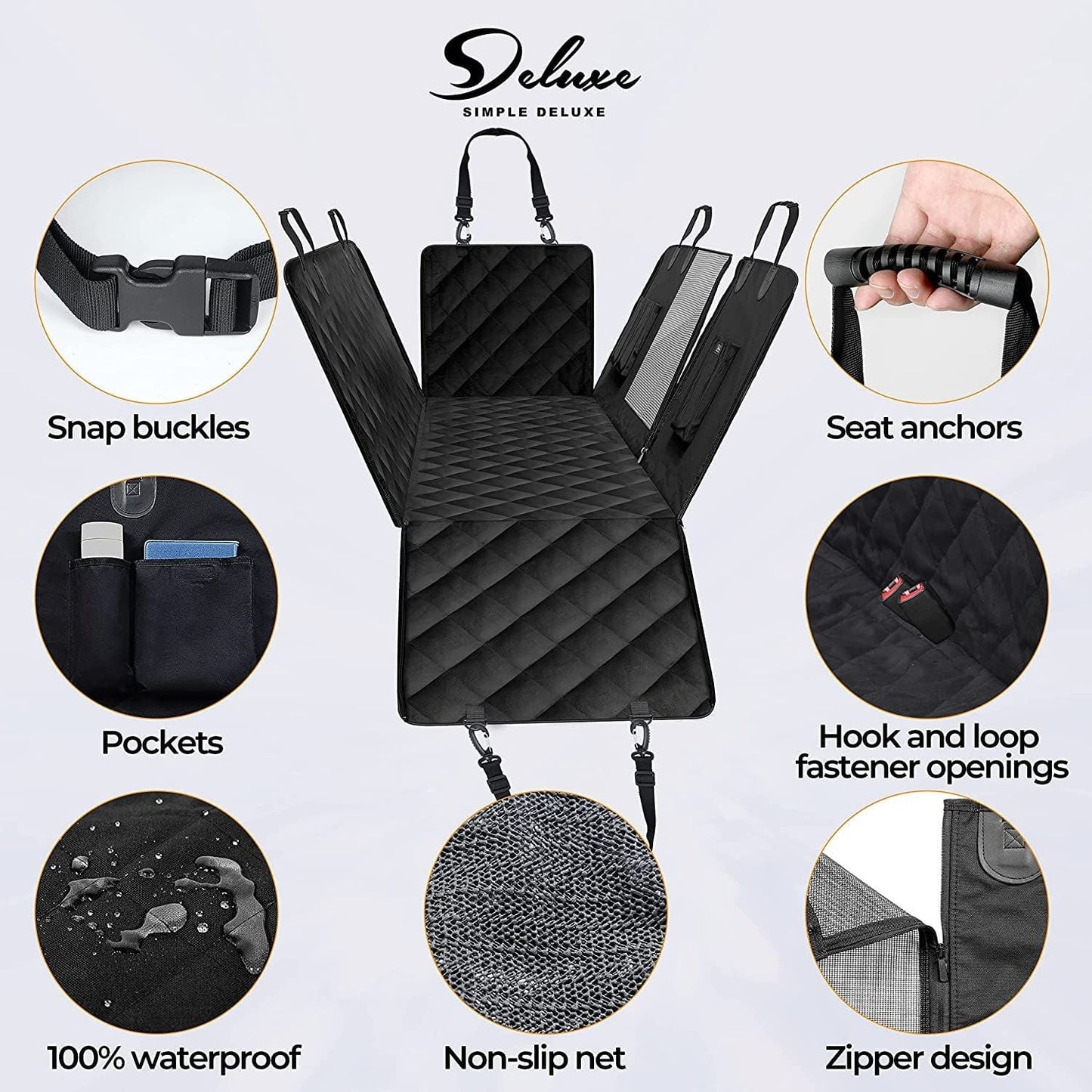 Simple Deluxe Dog Car Seat Cover for Back Seat, 100% Waterproof Pet Seat Protector with Mesh Window, Scratchproof & Nonslip Dog Hammock for Cars, Trucks, SUVs, Standard Snap Buckles