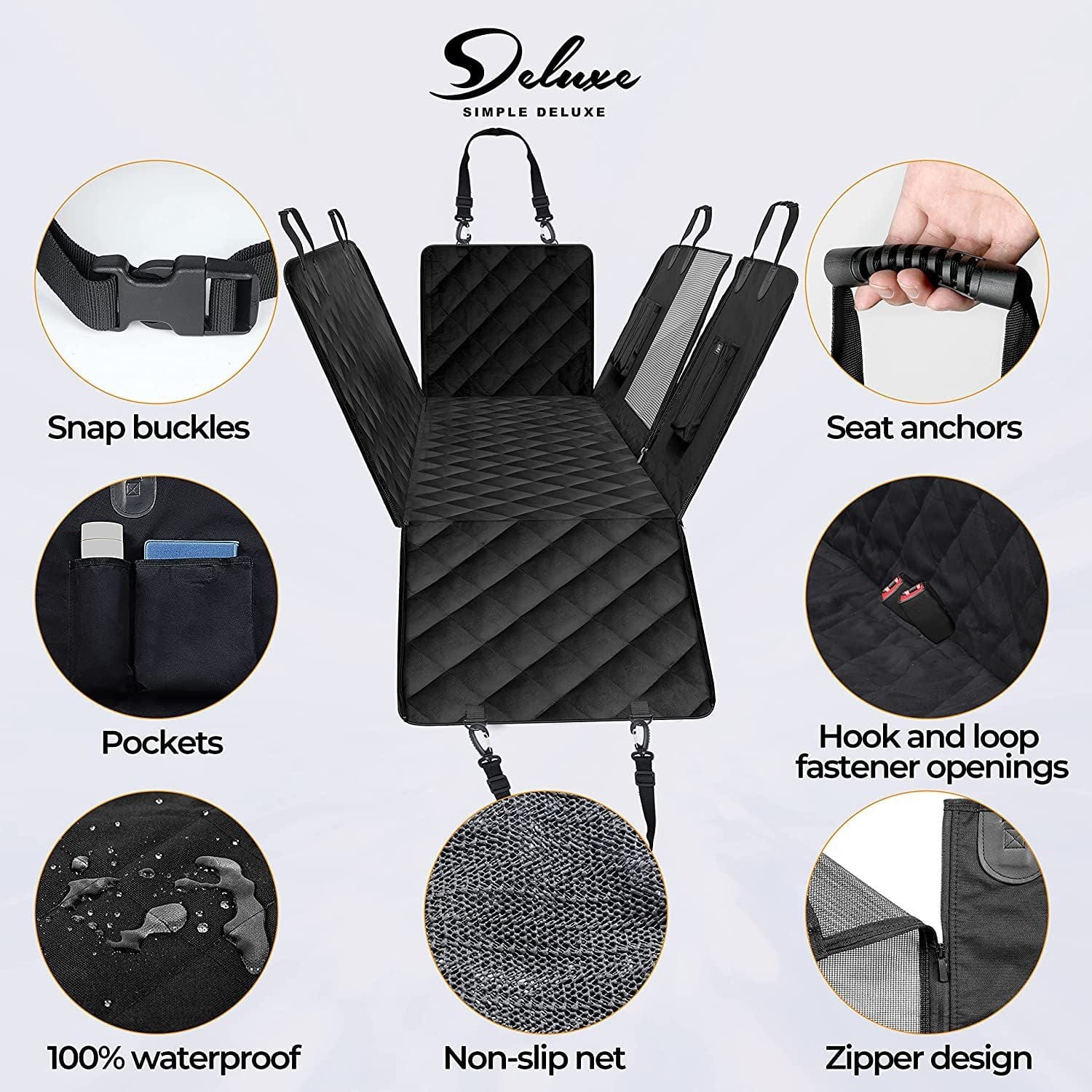 Simple Deluxe Dog Car Seat Cover for Back Seat, 100% Waterproof Pet Seat Protector with Mesh Window, Scratchproof & Nonslip Dog Hammock for Cars, Trucks, SUVs, Standard Snap Buckles