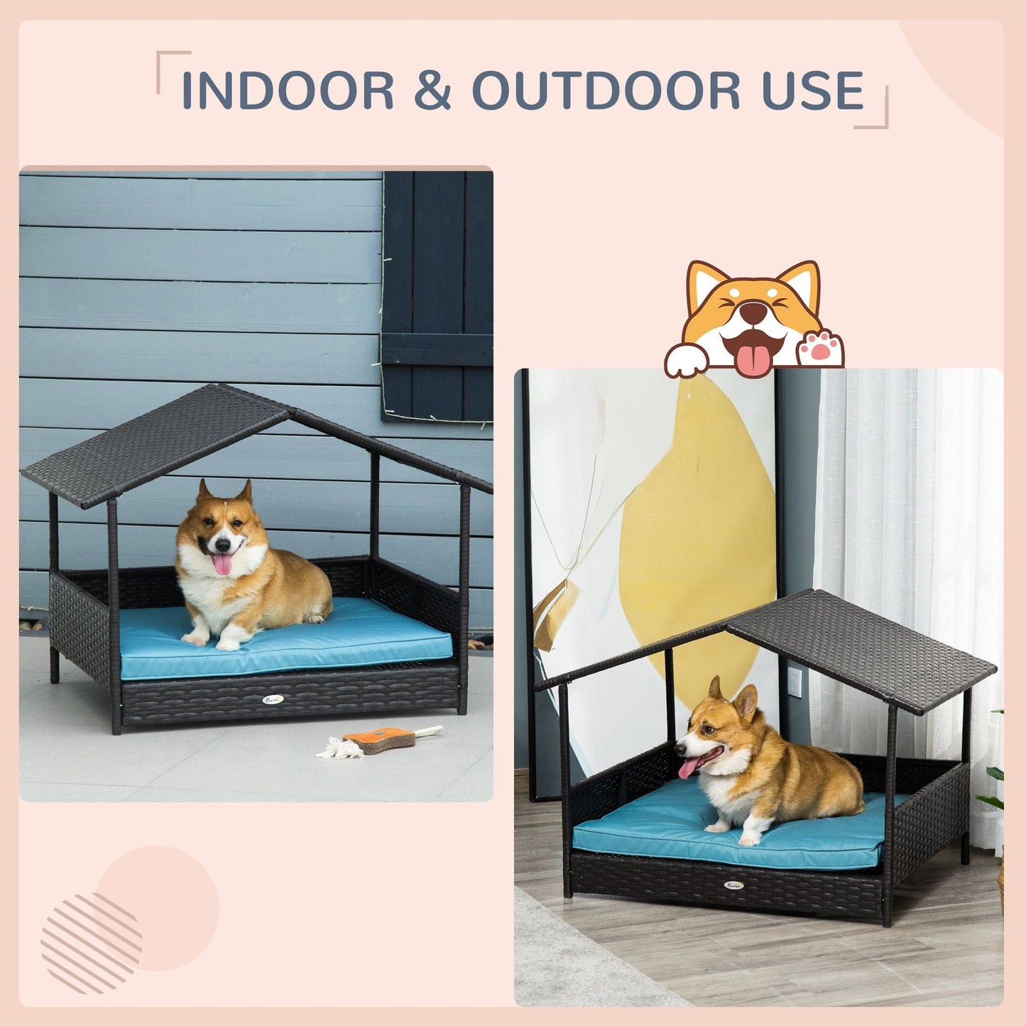 Wicker Dog House Elevated Raised Rattan Bed for Indoor/Outdoor with Removable Cushion Lounge, Blue Indoor or Outdoor