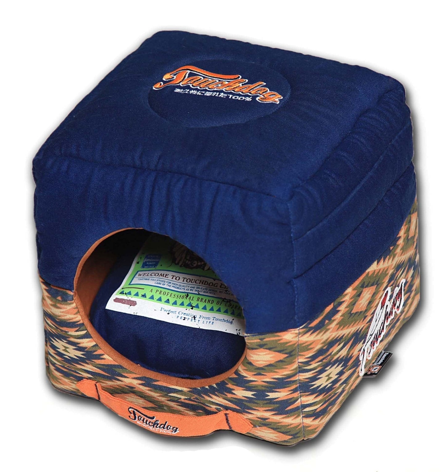 Touchdog 70's Vintage-Tribal Throwback Convertible and Reversible Squared 2-in-1 Collapsible Dog House Bed Main View