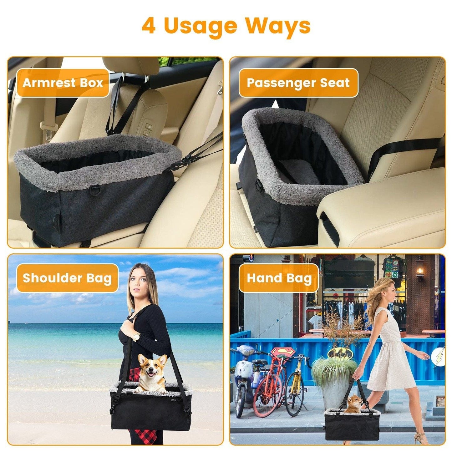 Small Dog Car Seat with Harness Center Console Pet Booster Seat Travel Car Seat with Side Pocket Cotton Velvet Cushion for Dogs Cat Up to 9LBS Usage Ways