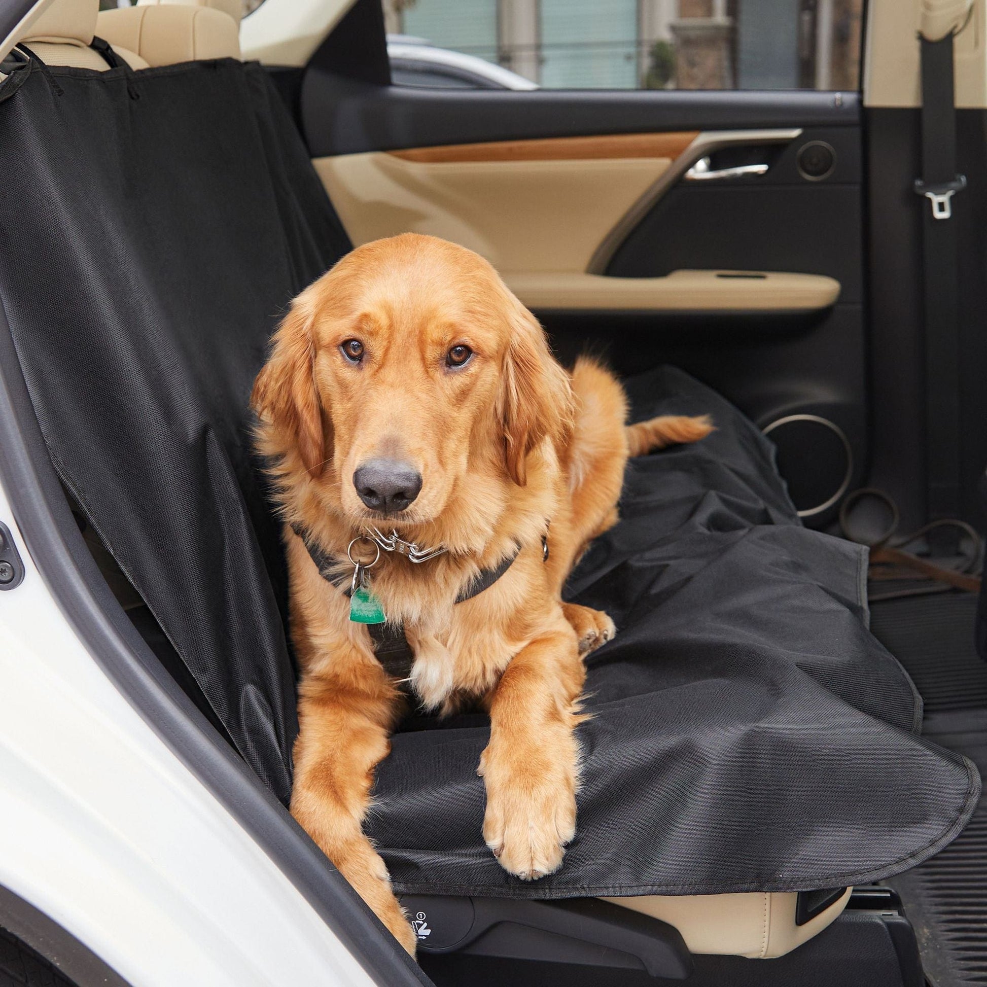 Precious Tails Co-Pilot Waterproof Car Seat Bench Cover In Use with Dog