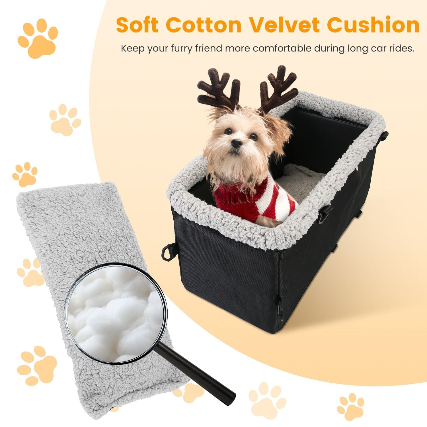 Small Dog Car Seat with Harness Center Console Pet Booster Seat Travel Car Seat with Side Pocket Cotton Velvet Cushion for Dogs Cats Up to 9LBS Velvet Cushion