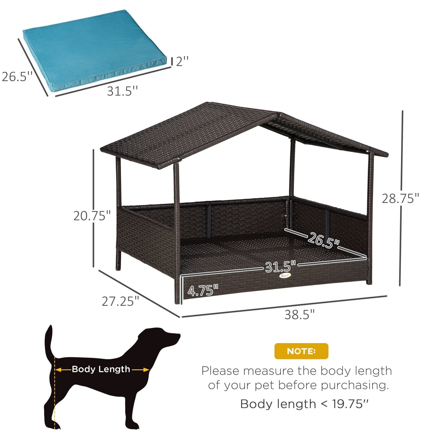 Wicker Dog House Elevated Raised Rattan Bed for Indoor/Outdoor with Removable Cushion Lounge, Blue Dimensions