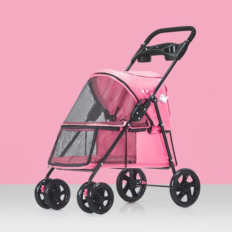 Pink Pet Dog Stroller, Quick Folding, Shockproof with 2 Front Swivel Wheels & Rear Brake Wheels