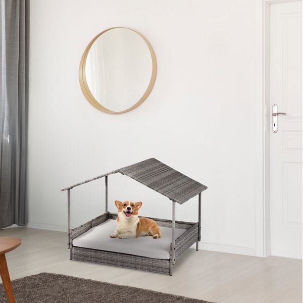 Wicker Dog House, Elevated Rattan Dog Bed with Canopy and Washable Cushion Cover, Indoor Outdoor Raised Pet House for Small Medium Dogs Cats, Gray Indoor Use
