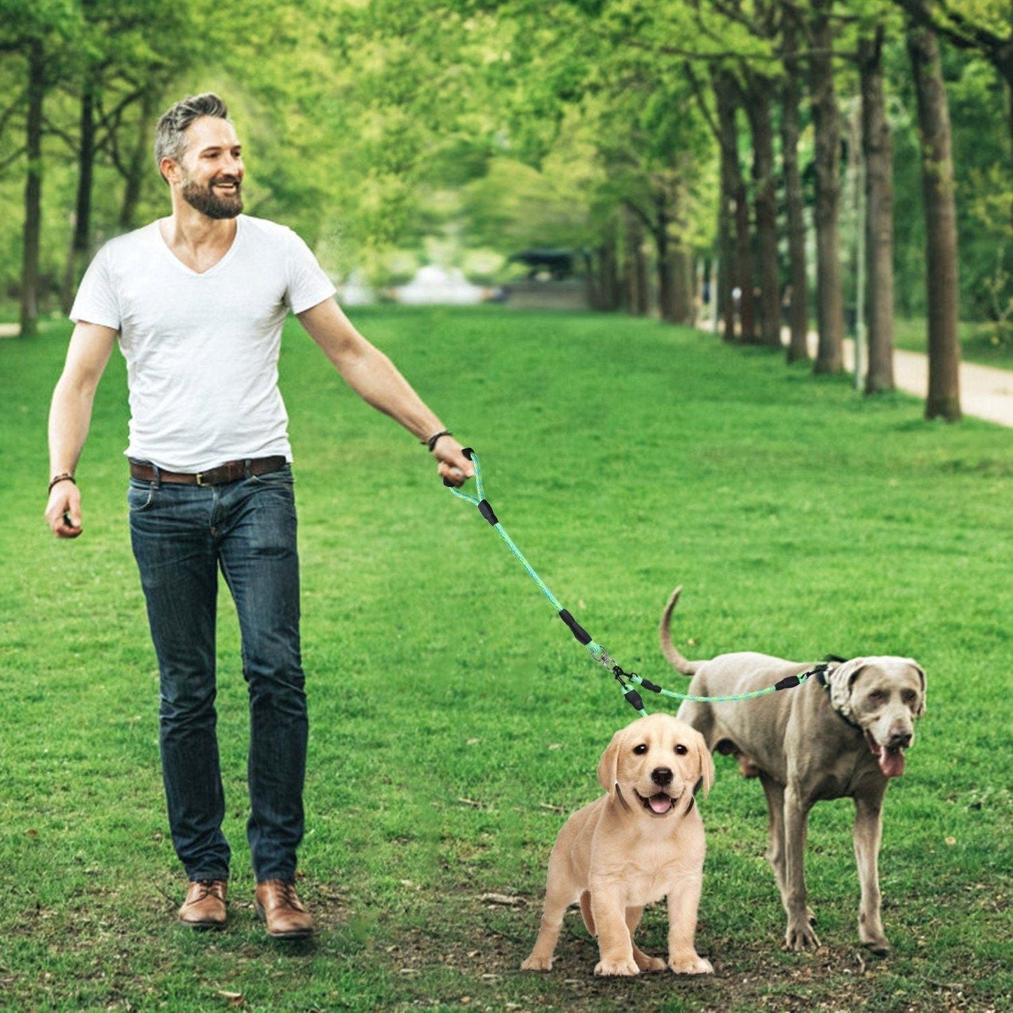 Double Dogs Leash No-Tangle Dogs Lead Reflective Dogs Walking Leash w/ Swivel Coupler Soft Padded Handle