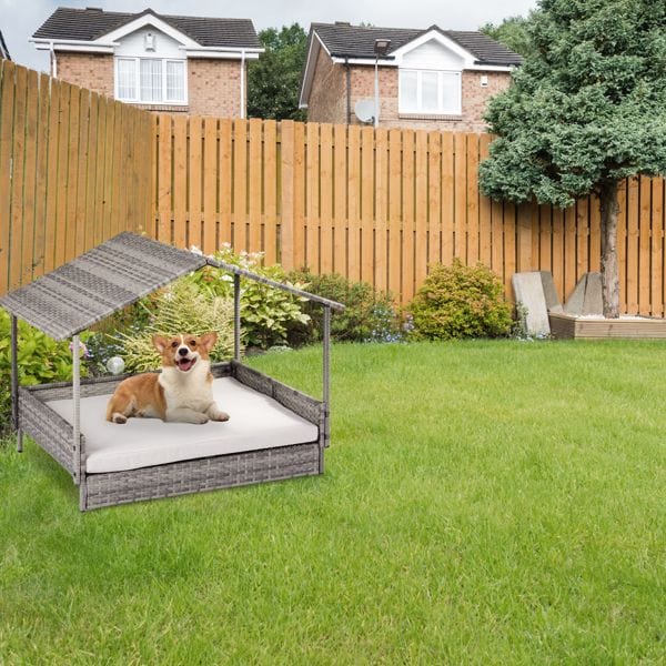 Wicker Dog House, Elevated Rattan Dog Bed with Canopy and Washable Cushion Cover, Indoor Outdoor Raised Pet House for Small Medium Dogs Cats, Gray Outdoor View