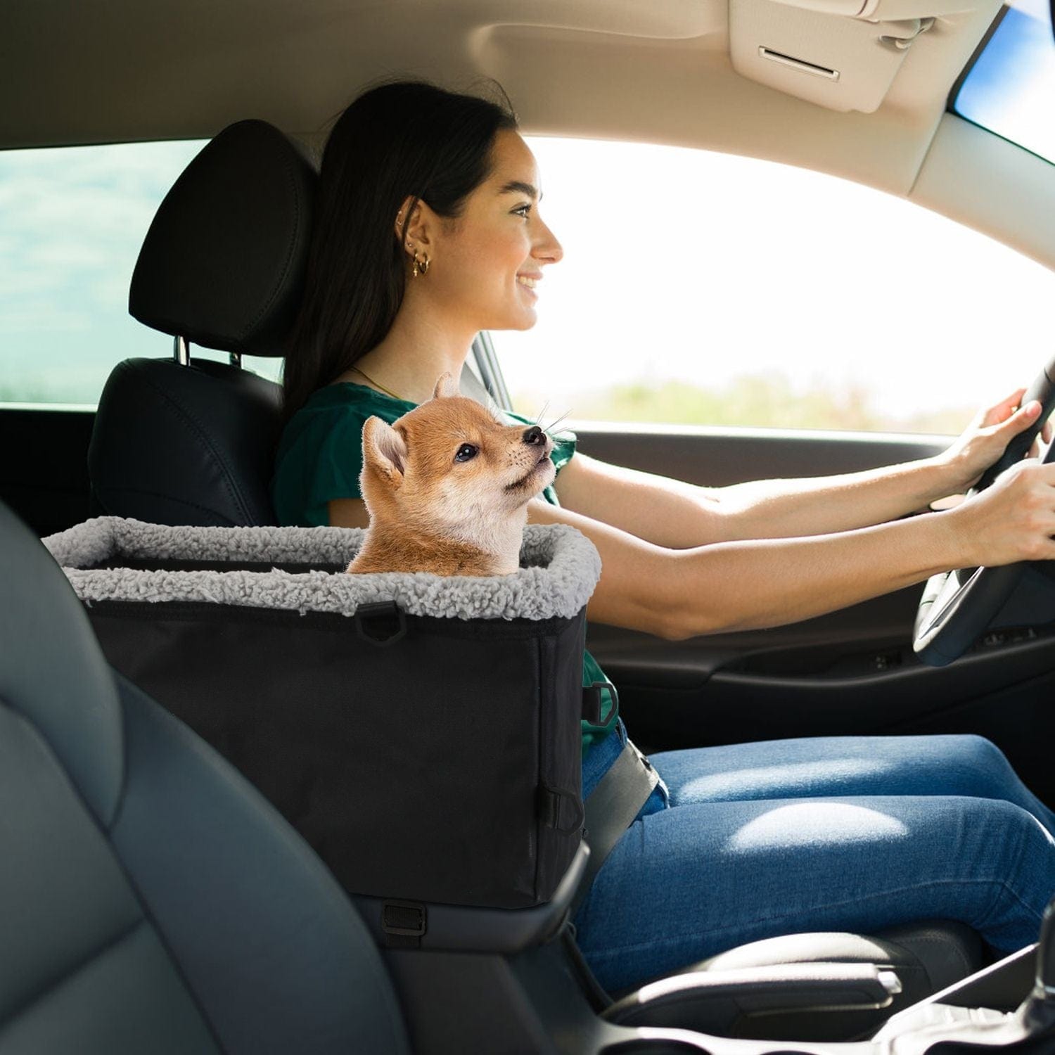 Small Dog Car Seat with Harness Center Console Pet Booster Seat Travel Car Seat with Side Pocket Cotton Velvet Cushion for Dogs Cats Up to 9LBS Front