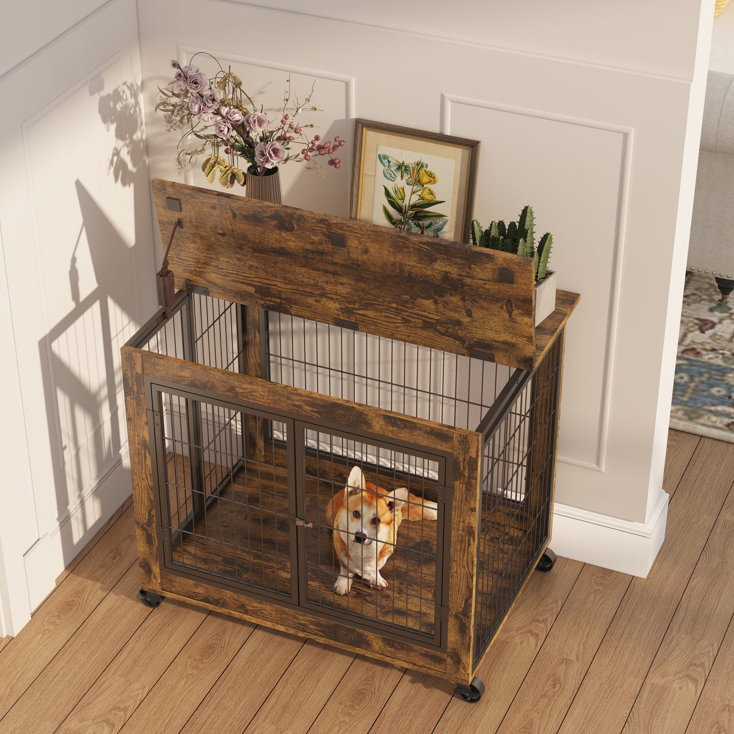 Furniture Style Dog Crate Side Tab with Double Doors 
