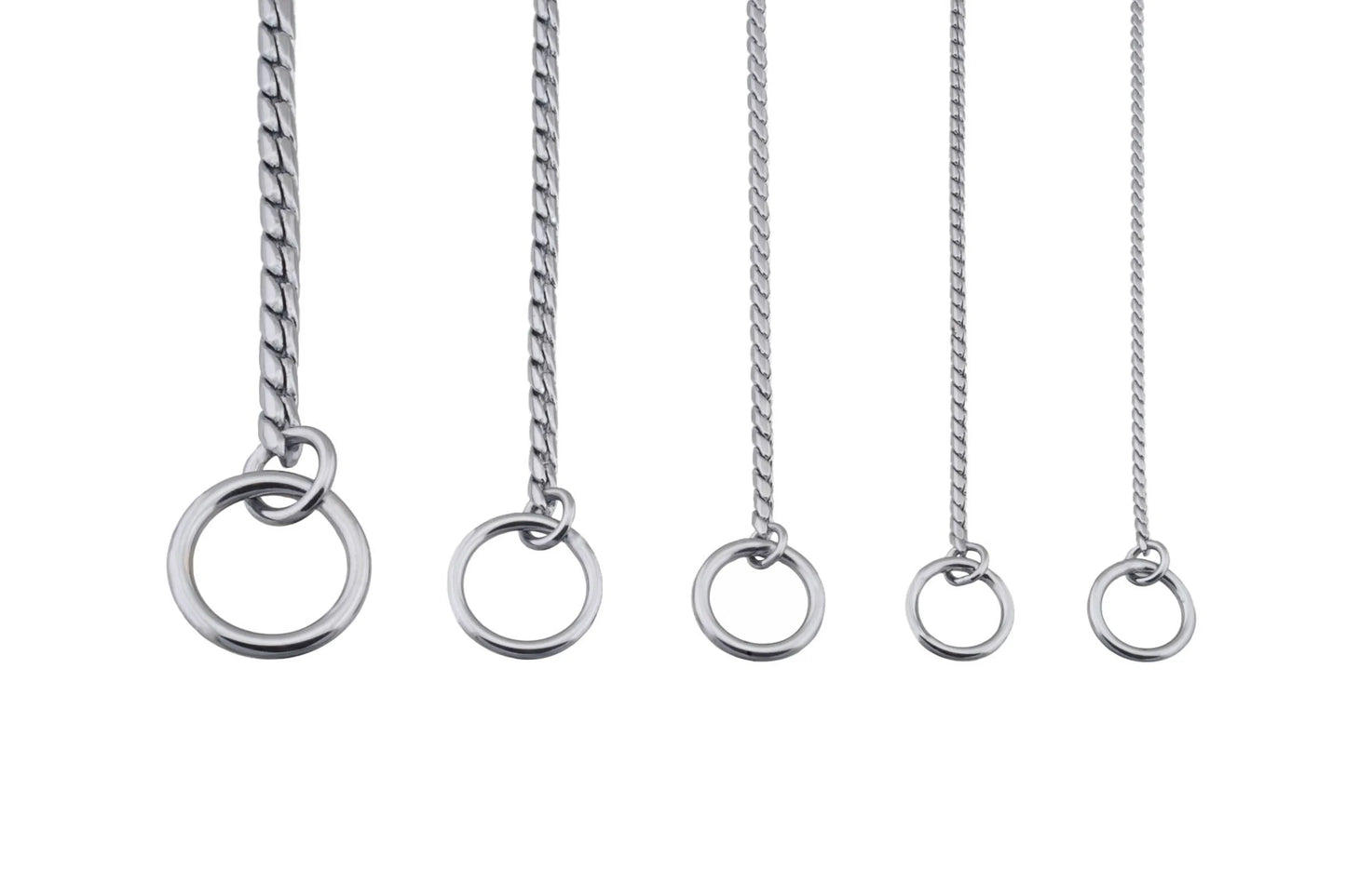 Five silver necklaces with circular pendants on a white background