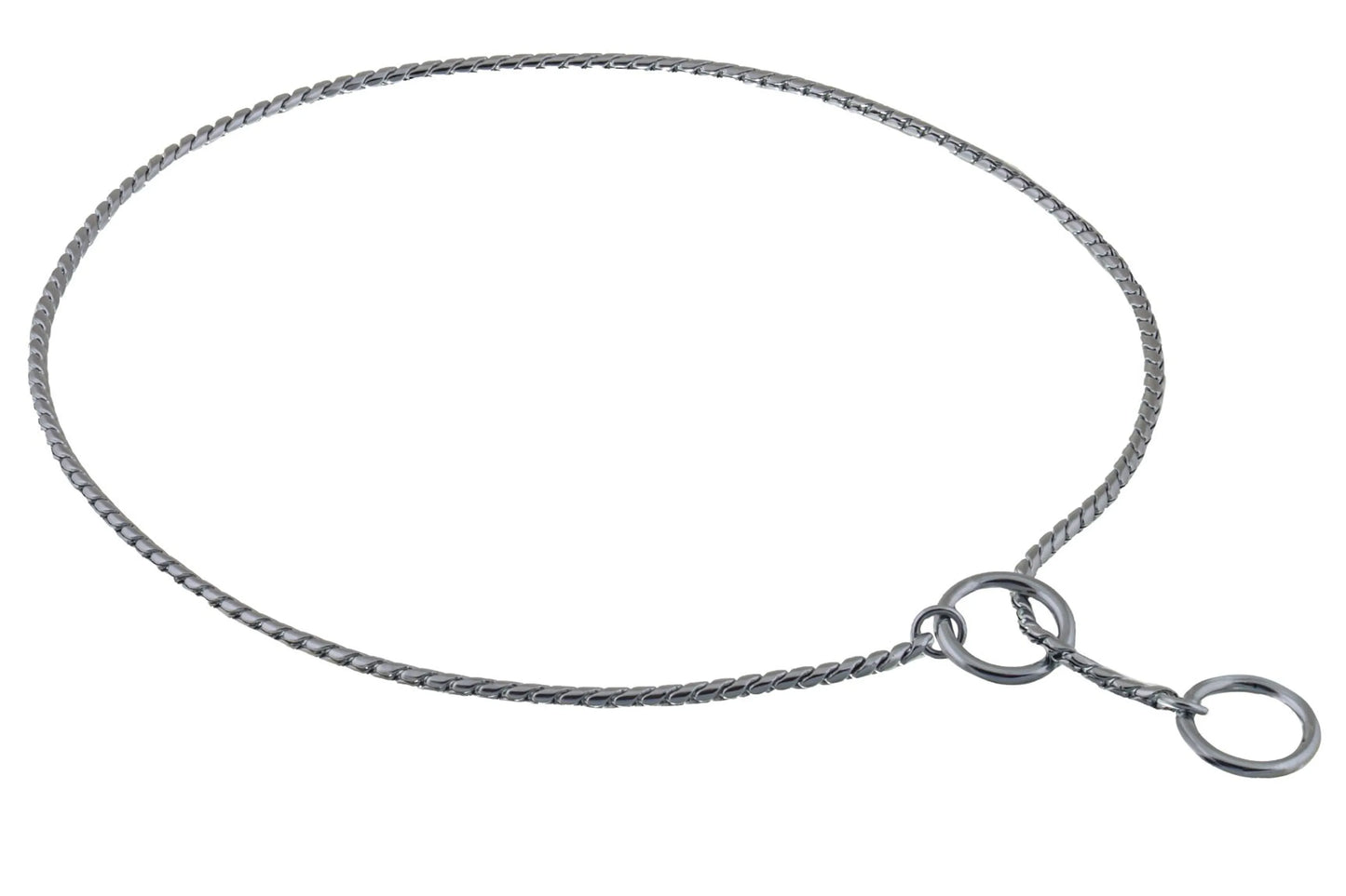 Silver necklace with a clasp on a white background