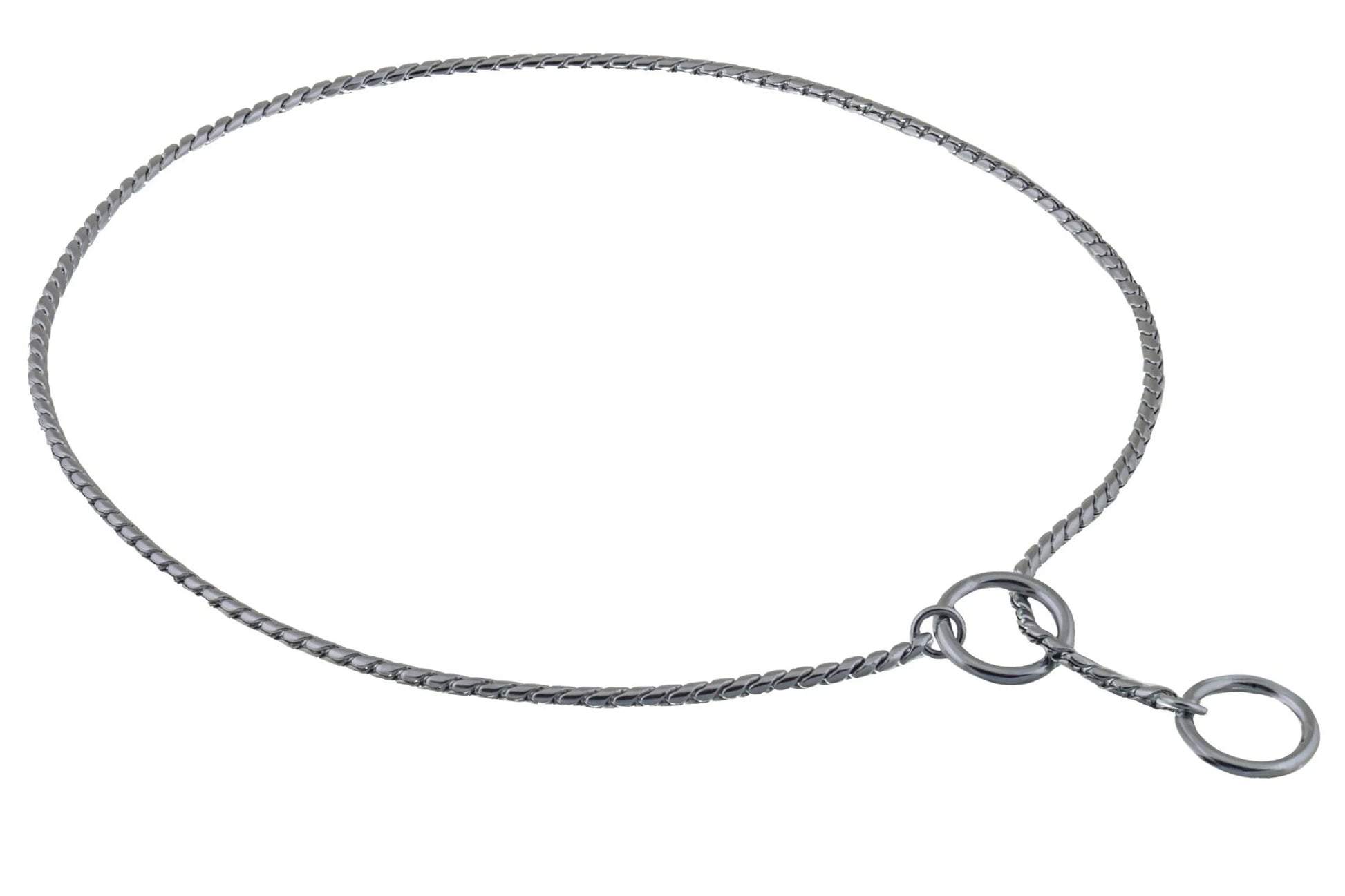 Silver necklace with a clasp on a white background