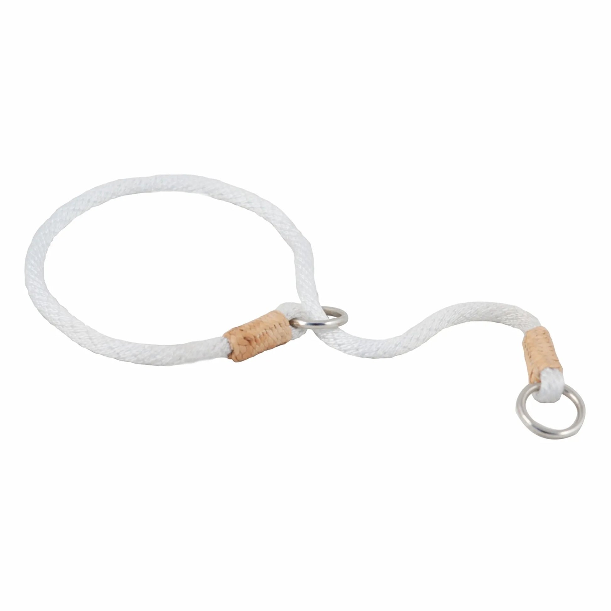 White rope with wooden handles and metal rings on a white background