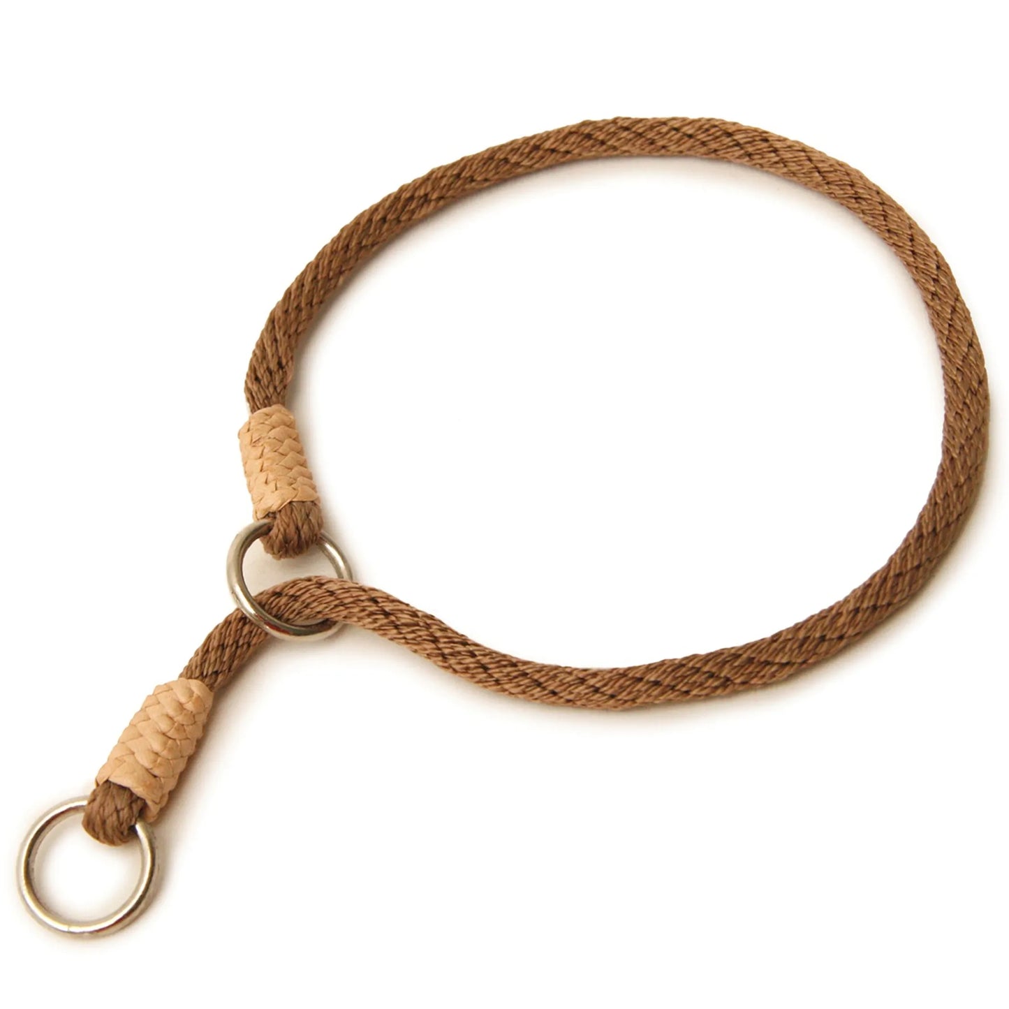 Brown rope dog collar with metal rings on a white background